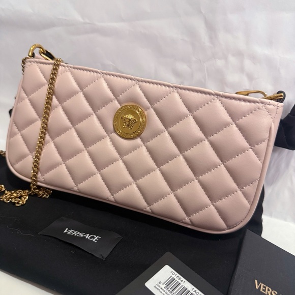 NWT VERSACE La Medusa Nappa Leather Quilted Baguette Crossbody Bag Light Pink - Picture 3 of 12